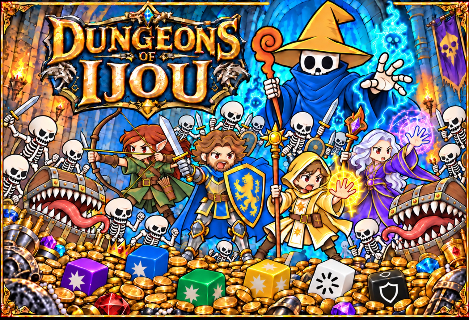 Dungeons of Ijou artwork: four colourful heroes surrounded by skeletons, treasure and dice